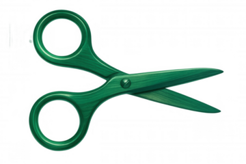 Slightly open green scissors with metallic screw isolated on transparent background, ideal for creative projects