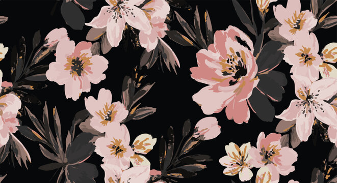 Vintage Colorful Old Style, Colorful joy of flora, flowers sets leaf, Goth blackbackground vector art hand drawn aesthetic Stylish Flower set seamless pattern suitable for printing on surface 