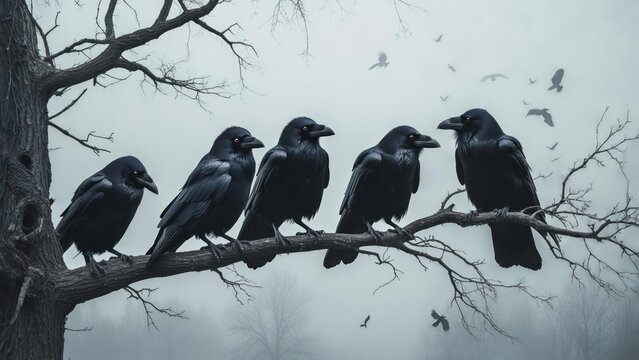 Five Sentinels of the Mist: Ravens on a Desolate Winter Branch