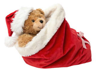 Cute teddy bear in festive red Christmas sack with fluffy white lining and Santa hat brings joy and warmth to holiday season