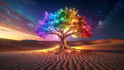 Vibrant Rainbow Tree Illuminates a Desert Landscape Under a Starry Sky