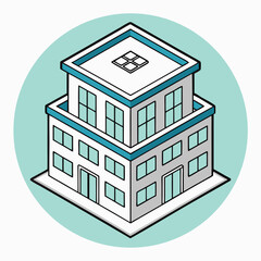 Two- Story Isometric Building with Blue Trim and Teal Circle Background architecture office
