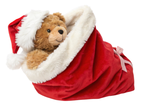 Cute teddy bear in festive red Christmas sack with fluffy white lining and Santa hat brings joy and warmth to holiday season