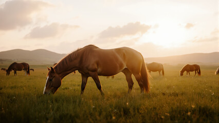 Rolling hills and a wide cloudy sky at sunset. The beautiful chestnut horse gently grazes in the serene, natural scene.