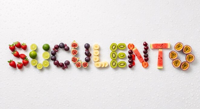 Vista a&eacute;rea de palavra suculenta feita com frutas e vegetais coloridos em fundo branco