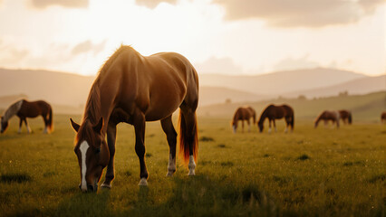 A sleek horse with a golden glow. The peaceful scene with other horses is perfect for a variety of commercial uses.