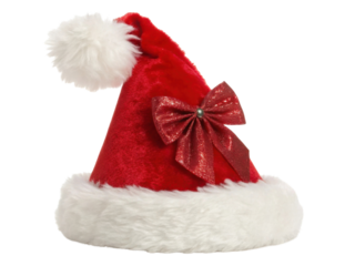 Festive red Christmas hat with fluffy white trim and sparkling bow adds joy to holiday celebrations