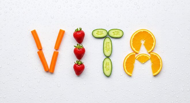 "Vita" parola fatta di frutta e verdura colorata su sfondo bianco - vista dall'alto, stile flat lay