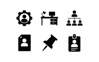 flat black solid icon items isolated on white background: role gear office desk team chart manager file task pin member tag