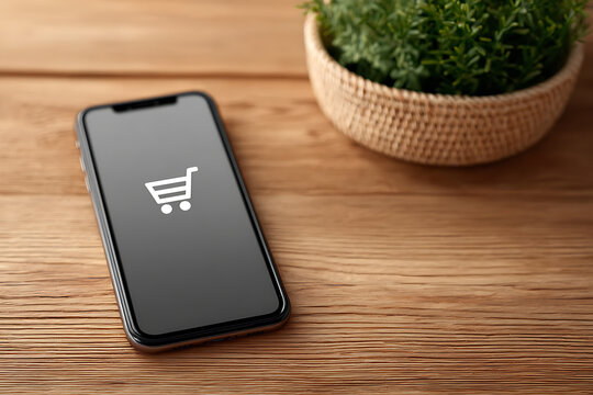 Smartphone with shopping cart icon on wooden table, online store concept