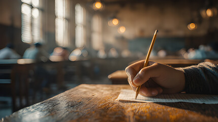 Obraz premium Close up of a students writing assessment test, quiz and examination. 