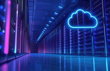 Cloud technology server room with glowing neon cloud icon, futuristic data center infrastructure for storage, IT hosting, networking, virtualization, and digital innovation