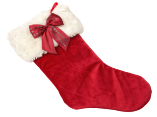 Festive red Christmas stocking adorned with fluffy white cuff and decorative bow brings joy and warmth to holiday celebrations
