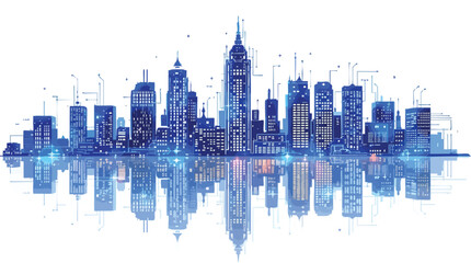 Futuristic City Skyline with Digital Circuit Connections and Reflections technology.