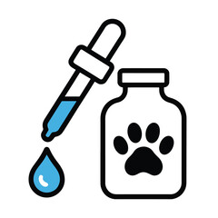 Veterinary medicine dropper with liquid and pet paw print bottle icon