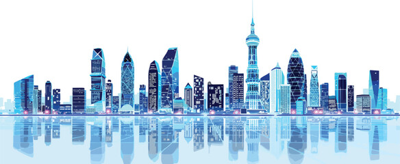 Modern City Skyline with Futuristic Architecture and Digital Reflections vector illustration.