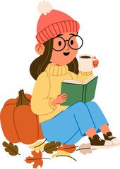 Girl Reading with Autumn Leaves
