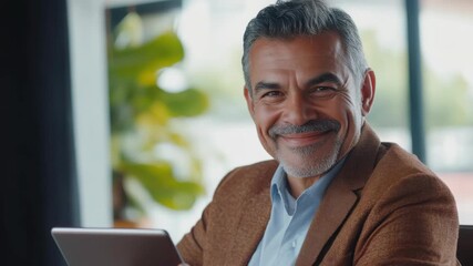 Middle-aged man in professional attire using laptop, smiling slightly with confident expression. - Powered by Adobe