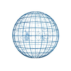 Blue wireframe globe with square openings on transparent or white background