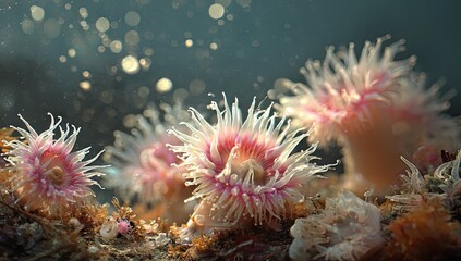 Obraz premium Underwater close-up of delicate, pink sea anemones with extended tentacles, illuminated by shimmering particles