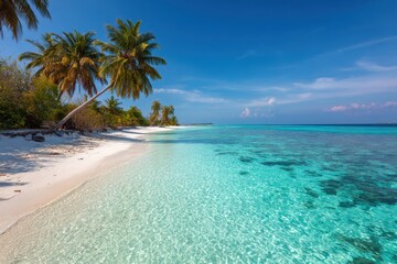 Naklejka premium Stunning paradise beach with turquoise ocean, palm trees, and empty coastline, perfect exotic summer vacation island destination