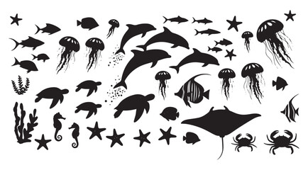 Diverse collection of black silhouette marine life including dolphins jellyfish sea turtles fish seahorses starfish a manta ray and crabs on a white background