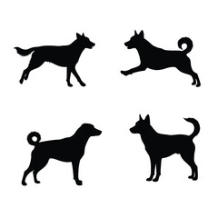 Four black dog silhouettes in different poses on white background