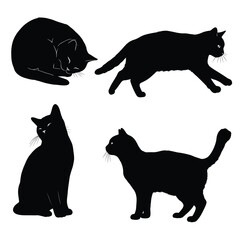 Four black cat silhouettes in different poses on white background