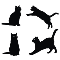 Four black cats in different poses on a white background silhouette