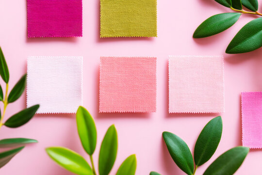 A flat lay of natural fiber fabric swatches in various textures and colors on a soft pastel linen background perfect for textile design
