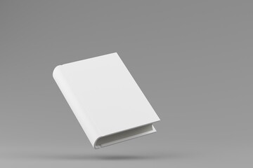floating white blank hardcover book mockup on gray background.