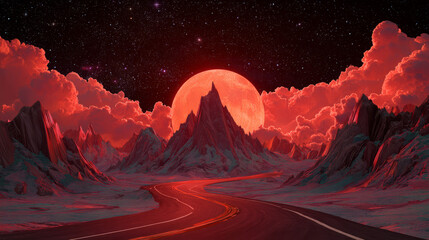Retro Futuristic Neon Mountains with Red Moon and Cosmic Atmosphere Wallpaper