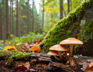 White mushroom growing on a fallen, wet log in the forest. Shows natural decay, moisture, and fungal life. Ideal for nature, macro, and forest ecosystem themes