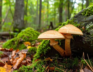 Fototapeta premium White mushroom growing on a fallen, wet log in the forest. Shows natural decay, moisture, and fungal life. Ideal for nature, macro, and forest ecosystem themes