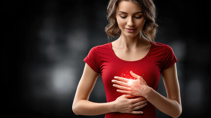 Young sniling woman in red t-shirt with glowing heart symbol against dark background, health theme