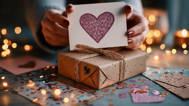 Gift wrapping and love notes create a festive atmosphere for a special occasion with twinkling lights