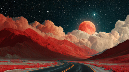 Retro Futuristic Neon Mountains with Red Moon and Cosmic Atmosphere Wallpaper