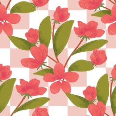Hand drawn Seamless Floral Pattern with Pink Flowers and Green Leaves on Checkered Background