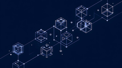 Fototapeta premium Digital Cubes Blueprint: A digital blueprint showcases interconnected geometric cubes and lines, symbolizing technology, innovation, and digital connections in a dark mode