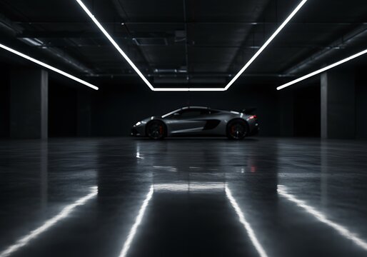 Mockup of luxury sports car parked in a modern dark garage with futuristic neon light lines on the ceiling for commercial usage - Powered by Adobe