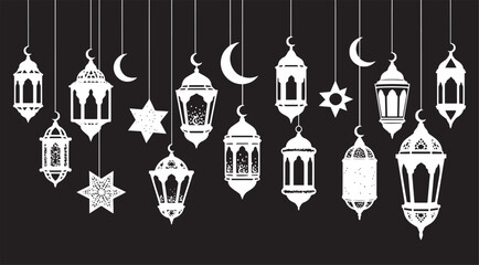 Traditional islamic ramadan lanterns and crescent moons hang in a decorative pattern against a stark black background creating a festive and spiritual atmosphere