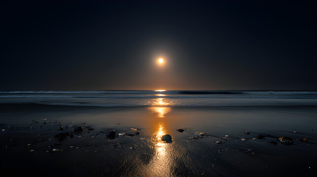 Moonlit serene coastal landscape at night. Astrotheme moonrise over the beach. 