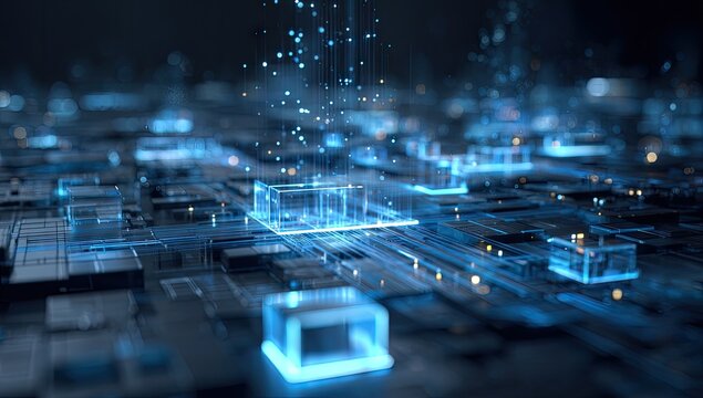 Abstract digital network; glowing blue cubes and data streams on a dark background - Powered by Adobe