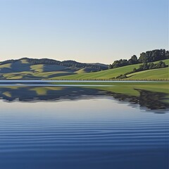 Serene Lake Landscape with Rolling Hills and Trees Reflection