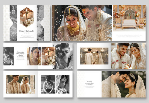 Indian Wedding Photo Album Template in Landscape Layout with Mandala Motifs & Arched Image Masks