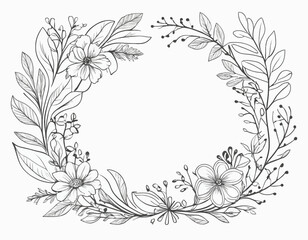 Hand drawn floral compositions in line art style. Elegant frame of flowers, stems and leaves. Trendy botanical elements. Vector illustration for logo or tattoo, save the date card, wedding invitation