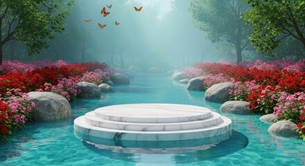 Multi-tiered marble pedestal in a magical forest stream with butterflies