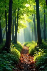 Obraz premium Serene forest scene with sun dappled leaves on the forest floor, lush green foliage, and a tranquil atmosphere perfect for relaxation and nature-themed projects , tranquil, trees