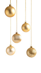 Five gold Christmas ornaments hanging from strings against a white background.