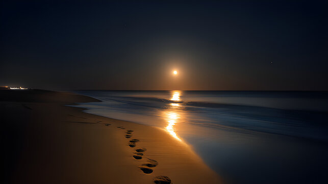 Moonlit serene coastal landscape at night. Astrotheme moonrise over the beach. 